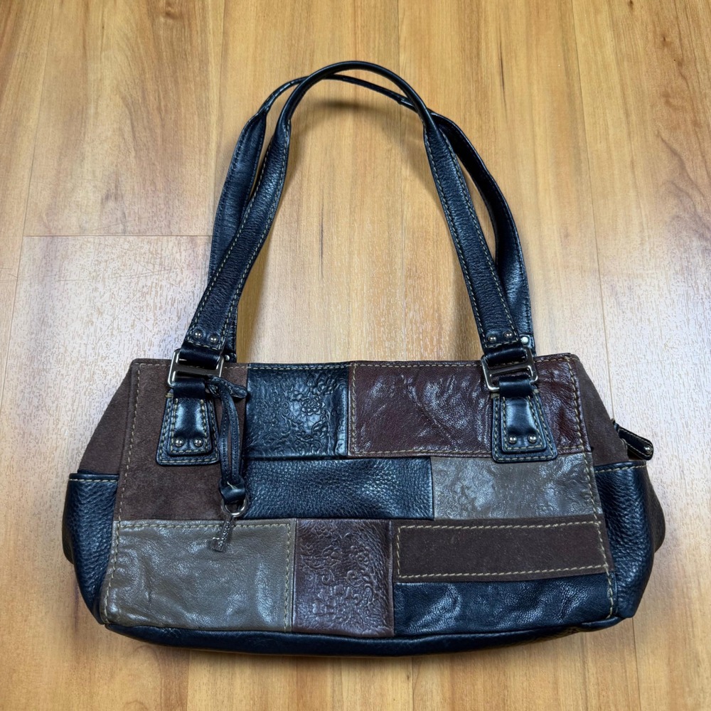 Fossil Patchwork Leather Suede Shoulder Bag Multi Color Boho Triple Compartment